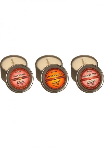 Earthly body massage candle trio gift bag - 2 oz skinny dip, dreamsicle, and polynesia