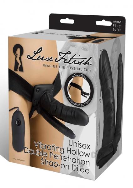 Unisex Vibrating Hollow Double Penetration Strap-On Dildo Black