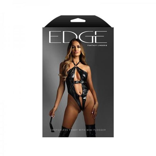 Fantasy Lingerie Edge Croc Embossed Wetlook Crotchless Teddy & Clip-on Mini Flogger L/xl