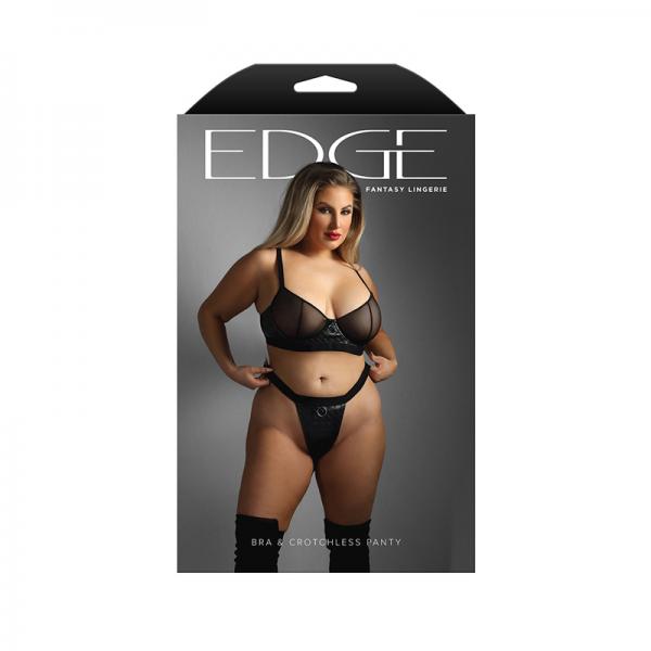 Edge Quilted Wetlook And Mesh Underwire Bra W/ Crotchless Panty - Black Qn